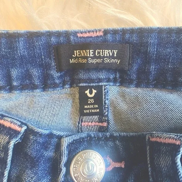 True Religion Jennie Curvy Pink Stitch Mid Rise Skinny TikTok Jeans Size 26/27 - Picture 6 of 10